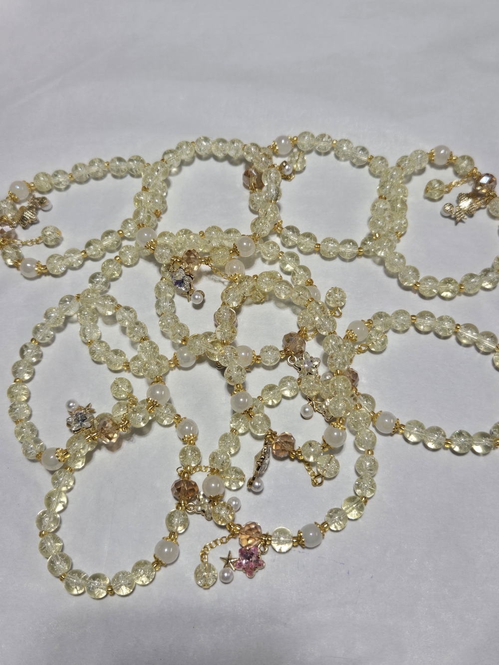 8mm- Gold-Tone Pale Yellow Crystal Beaded Bracelet with Charm Accents- For 1